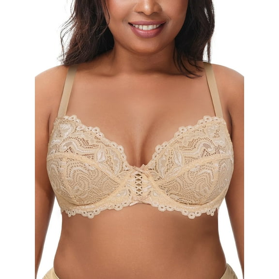Deyllo Women's Push up Lace Bra Unlined Full Figue Plus Size Wired Support Unpadded See-Though Bra, Dark Nude 34B