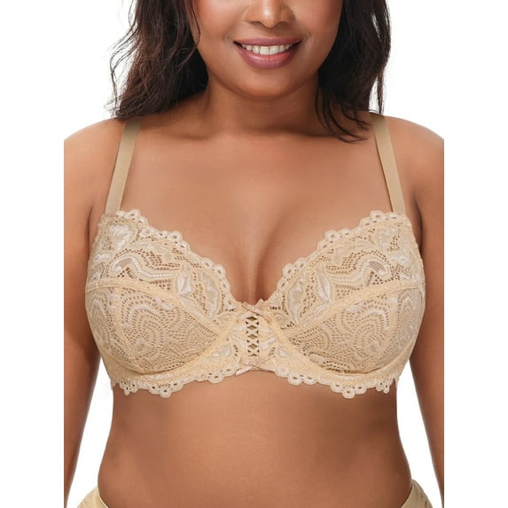 Deyllo Women's Push up Lace Bra Unlined Full Figue Plus Size Wired Support Unpadded See-Though Bra, Dark Nude 44D