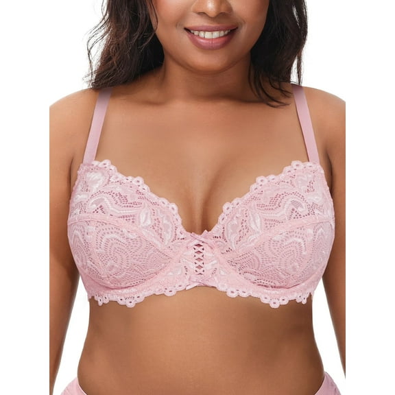 Deyllo Women's Push up Lace Bra Unlined Full Figue Plus Size Wired Support Unpadded See-Though Bra,Light Pink 32C