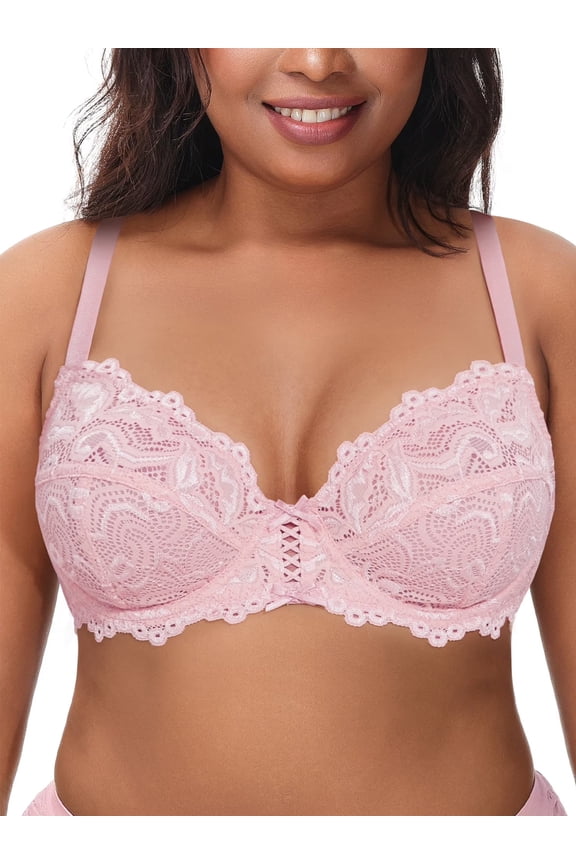 Women's Push up Lace Bra Unlined Full Figue Plus Size Wired Support Unpadded See-Though Bra,Light Pink 32C