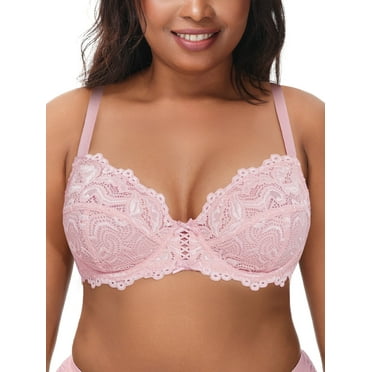 Deyllo Women's Push up Lace Bra Unlined Full Figue Plus Size Wired Support Unpadded See-Though Bra,Light Pink 38C