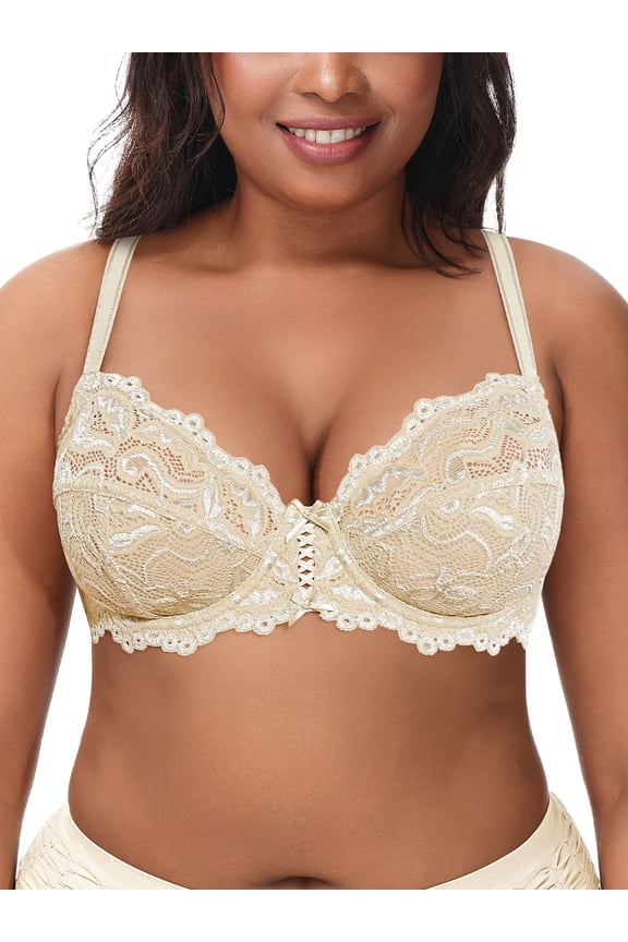 Women's Push up Lace Bra Unlined Plus Size Wired Support Unpadded See-Though Bra, Beige 32D