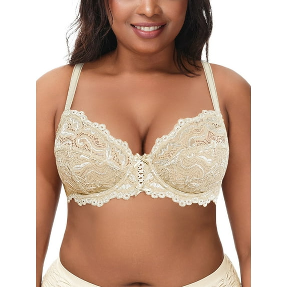 Deyllo Women's Push up Lace Bra Unlined Plus Size Wired Support Unpadded See-Though Bra, Beige 42C