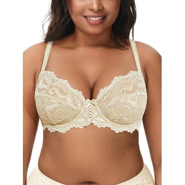 Deyllo Women's Push up Lace Bra Unlined Plus Size Wired Support Unpadded See-Though Bra, Beige 44D