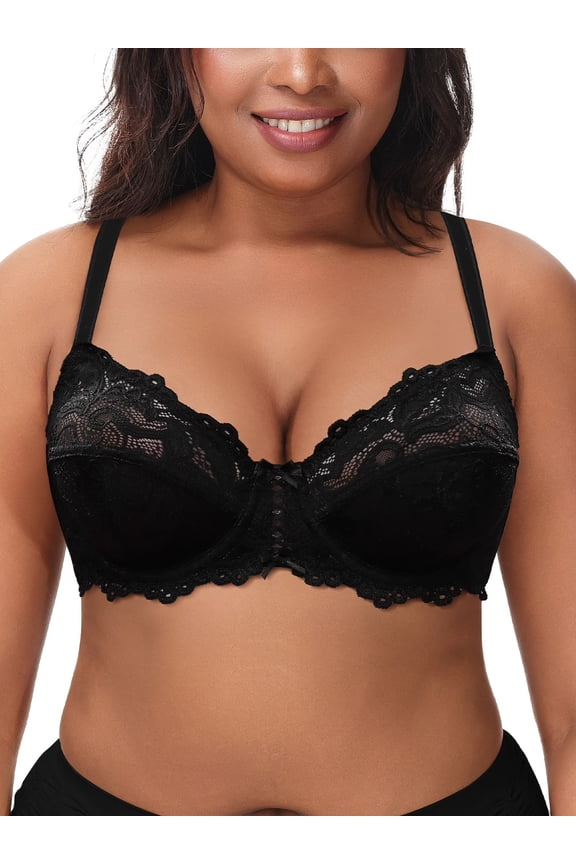 Women's Push up Lace Bra Unlined Plus Size Wired Support Unpadded See-Though Bra, Black 32C