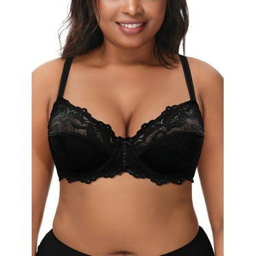 Deyllo Women's Push up Lace Bra Unlined Plus Size Wired Support Unpadded See-Though Bra, Black 36C