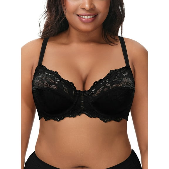 Deyllo Women's Push up Lace Bra Unlined Plus Size Wired Support Unpadded See-Though Bra, Black 38DD