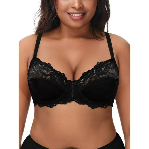 Deyllo Women's Push up Lace Bra Unlined Plus Size Wired Support Unpadded See-Though Bra, Black 42DDD