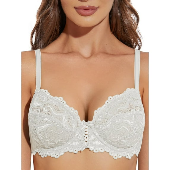 Deyllo Women's Push up Lace Bra Unlined Plus Size Wired Support Unpadded See-Though Bra, White 34G