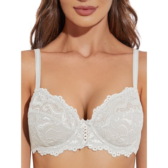 Deyllo Women's Push up Lace Bra Unlined Plus Size Wired Support Unpadded See-Though Bra, White 38G