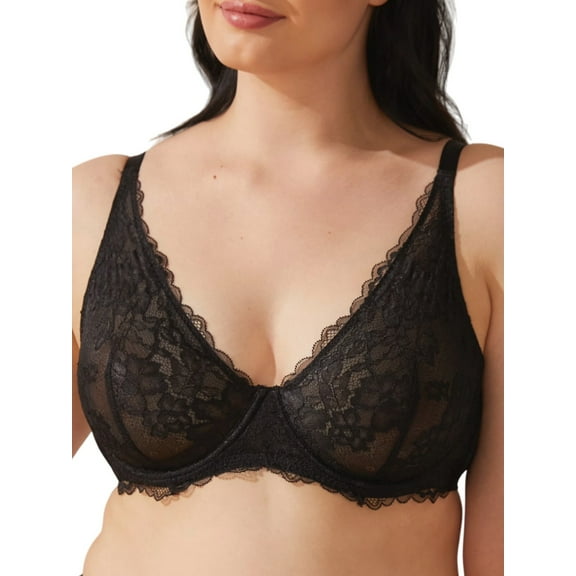 Deyllo Women's Push up Lace Bras Full Figue Non-Padded Underwired Support Plunge Bra Black 32B