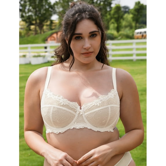 Deyllo Women's Push up Lace Bras Plus Size Unpadded Full Figue Underwire Support Demi See Though Bra, Ivory 40DD