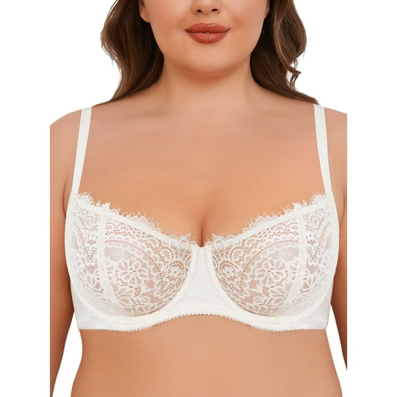 Deyllo Women's Push up Lace Sexy Bras Plus Size Unpadded Unlined 1/2 Half Cup Underwire Support Embroidery Balconette Bra,Ivory White 40B