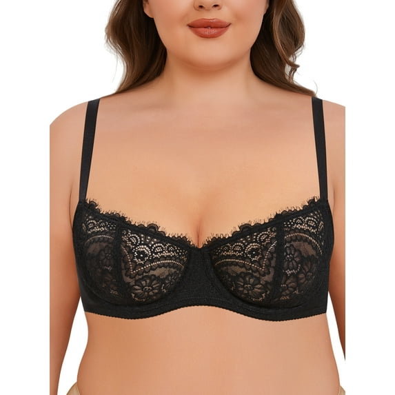 Deyllo Women's Push up Lace Sexy Bras Unpadded Unlined 1/2 Half Cup Underwire Support Embroidery Balconette Bra,Black 32D
