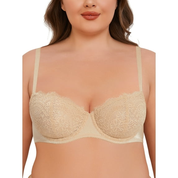 Deyllo Women's Push up Lace Sexy Bras Unpadded Unlined 1/2 Half Cup Underwire Support Embroidery Balconette Bra,Nude 36D