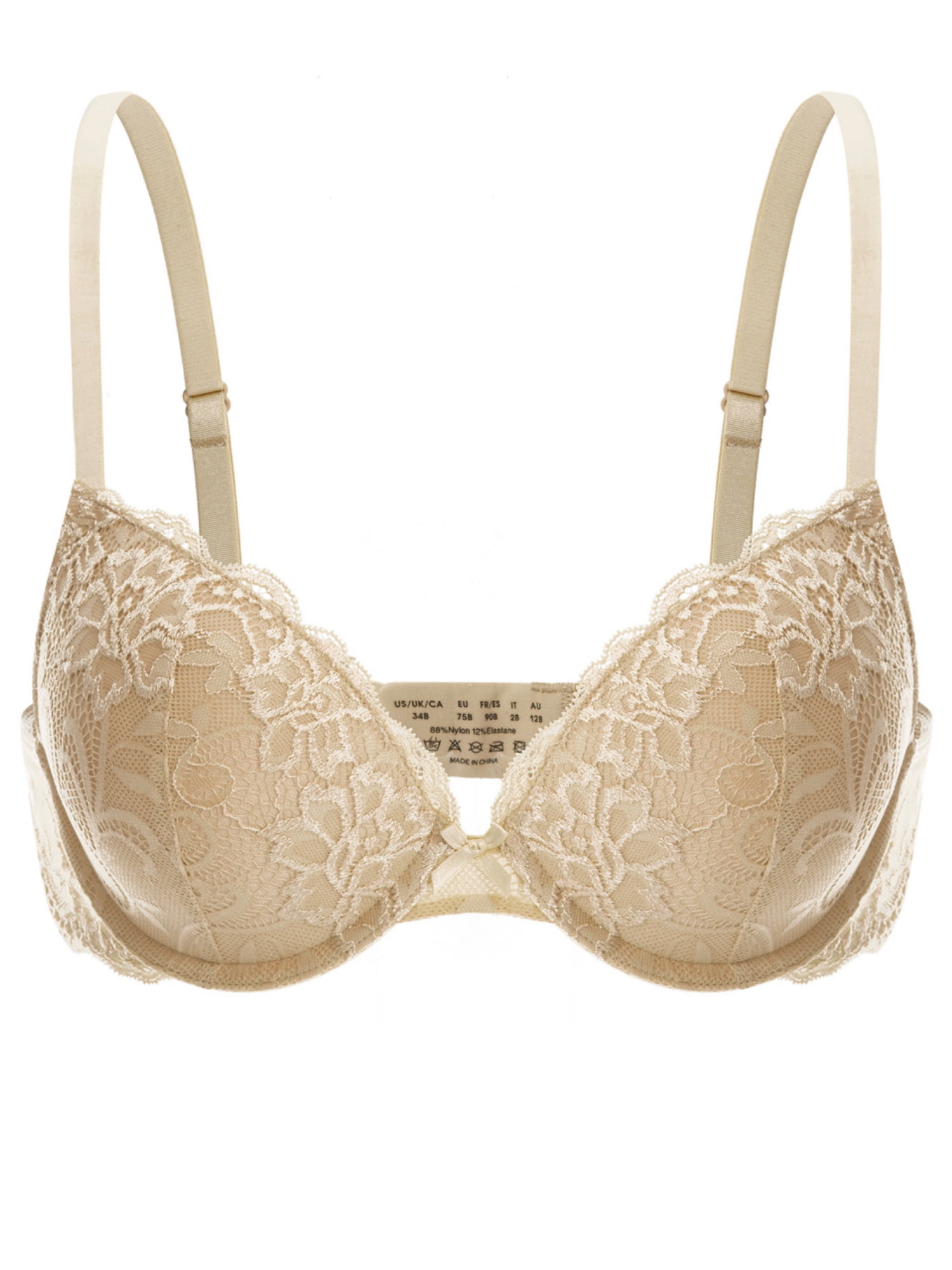 Deyllo Women's Pushup Everyday Lace Bra, Sheer, Size Range 32B-40DD