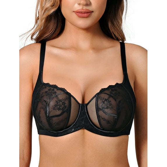 Deyllo Women's Sexy Lace Bra Demi Sheer Mesh Balconette Embroidered Underwire Unlined See Though Bra Black 34C