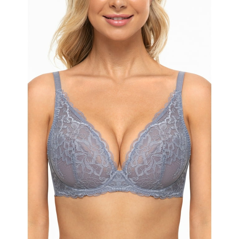 Deyllo Women's Sexy Lace Bra Non-Padded Underwire See Through Unlined Bra  Mesh Sheer Plunge Low Cut Bralette， Gray 34C 
