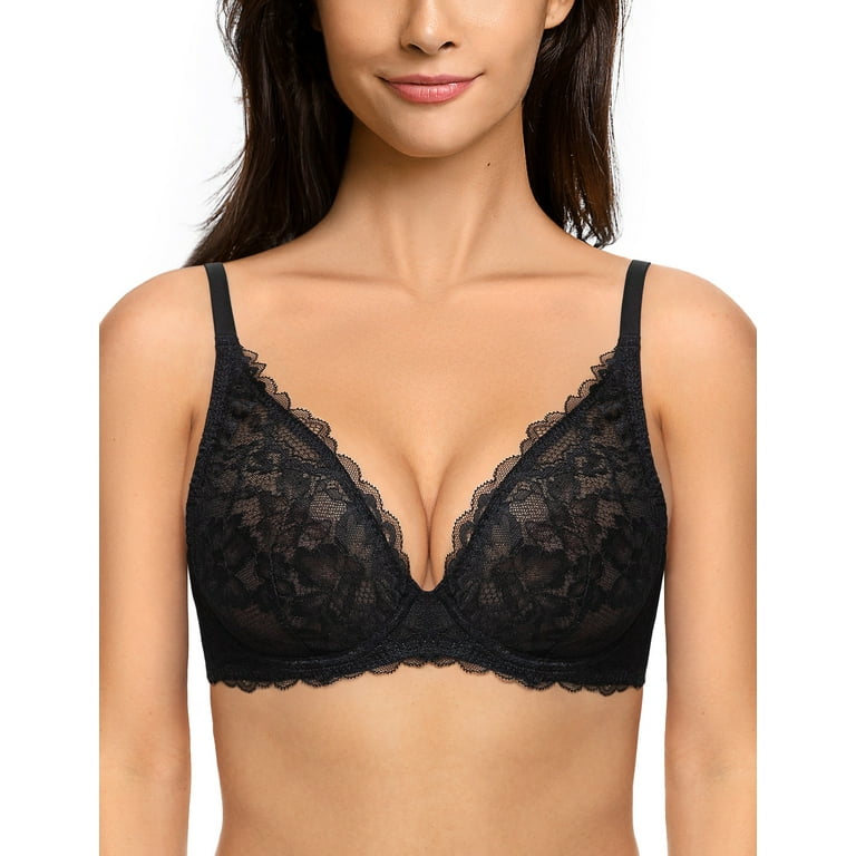 Deyllo Women's Sexy Lace Bra Non-Padded Underwire See Through Unlined Bra  Mesh Sheer Plunge Low Cut Bralettes， Black 38B
