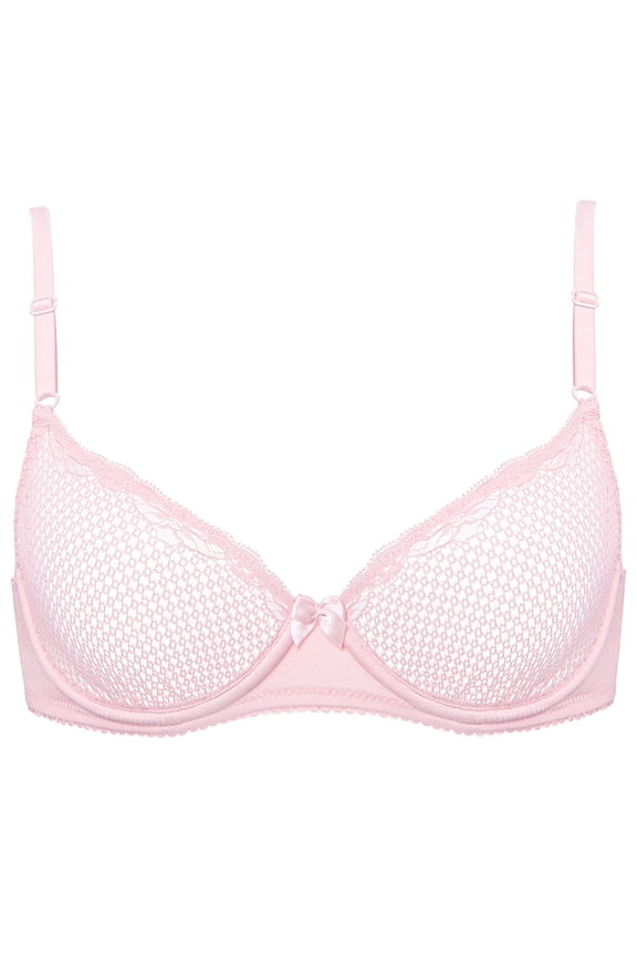 Women's Sexy Lace Bras Push Up 1/2 Half Cup Non-Padded See Through Underwire Demi Valentines Bra, Pink 36A