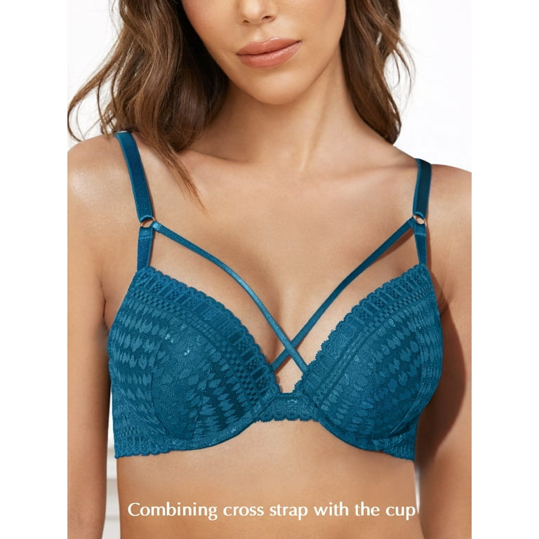 Deyllo Women's Sexy Lace Plunge Padded Underwire Push Up Bra, Enamel Blue  32DDD