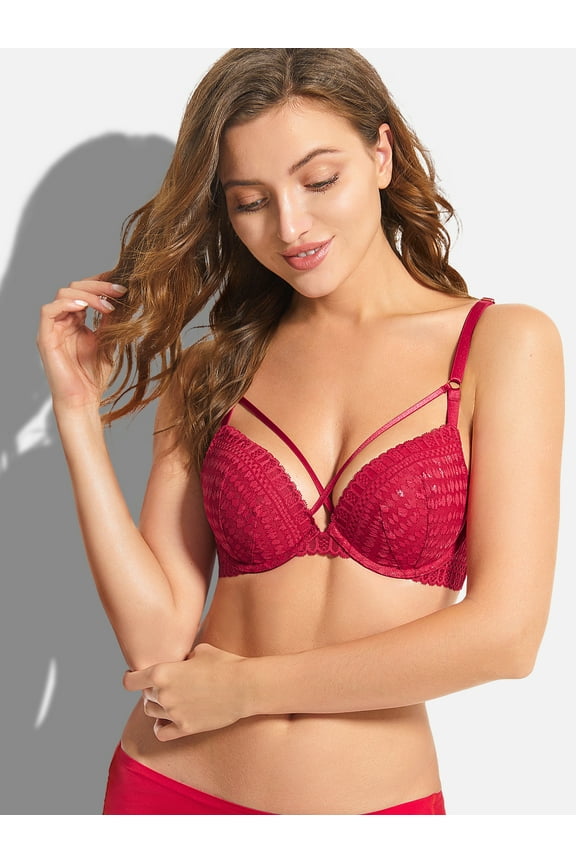 Women's Sexy Lace Plunge Padded Underwire Push Up Bra, Red 34DD