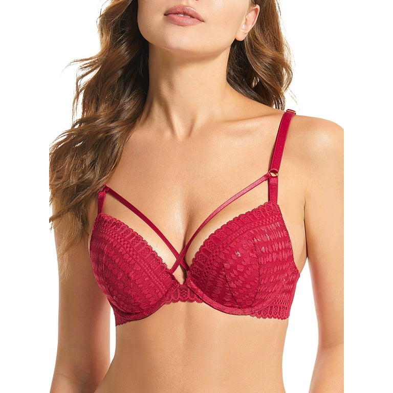Deyllo Women's Sexy Lace Plunge Padded Underwire Push Up Bra, Red