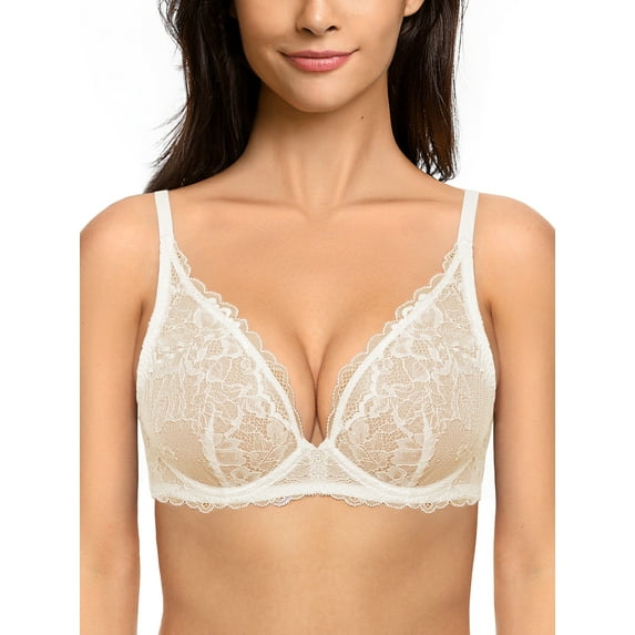 Deyllo Women's Sexy Lace Push Up Bras Non-Padded Full Coverage Underwire Support Low Cut Bralettes Beige 34A