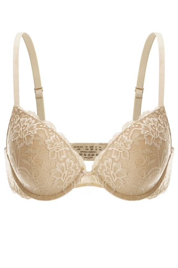 Women's Lace Push Up Padded Plunge Add Cups Underwire Lift Up Bra, Beige 32C