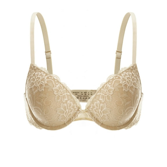 Deyllo Women's Lace Push Up Padded Plunge Add Cups Underwire Lift Up Bra, Beige 34B