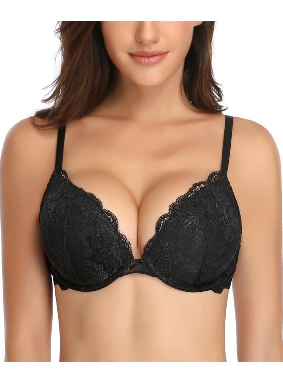 Deyllo Women's Sexy Lace Push Up Padded Plunge Add Cups Underwire Lift Up Bra,Black 38C