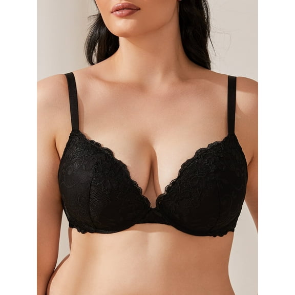 Deyllo Women's Lace Push Up Padded Plunge Add Cups Underwire Lift Up Bra,Black 38C