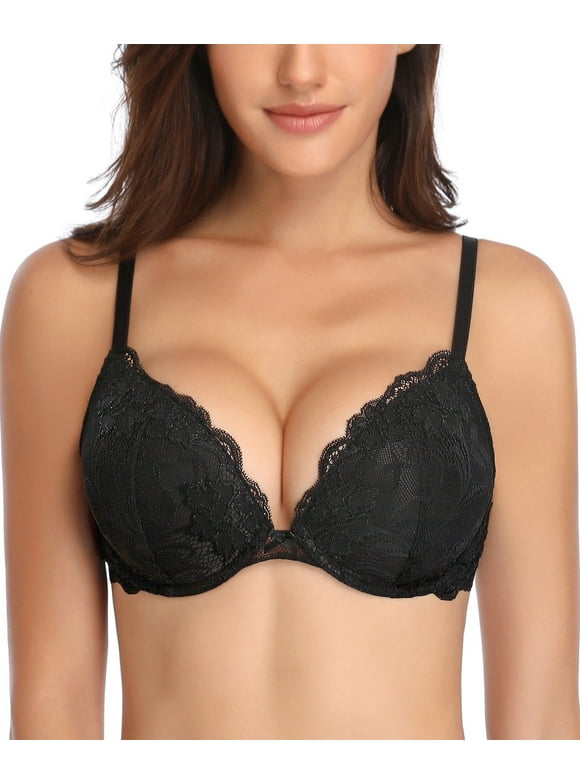 Deyllo Women's Sexy Lace Push Up Padded Plunge Add Cups Underwire Lift Up Bra, Black 38D