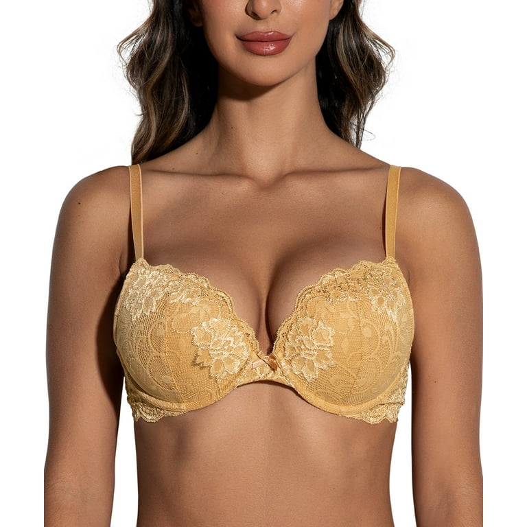Deyllo Women's Sexy Lace Push Up Padded Plunge Add Cups Underwire Lift Up  Bra, Gold 32C 