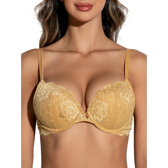 Deyllo Women's Lace Push Up Padded Plunge Add Cups Underwire Lift Up Bra, Gold 34A
