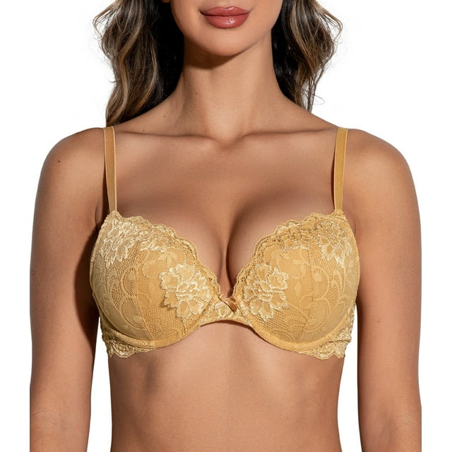 Deyllo Women's Sexy Lace Push Up Padded Plunge Add Cups Underwire Lift Up Bra, Gold 36B