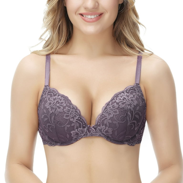 Deyllo Women's Sexy Lace Push Up Padded Plunge Add Cups Underwire Lift Up  Bra, Grape 38A