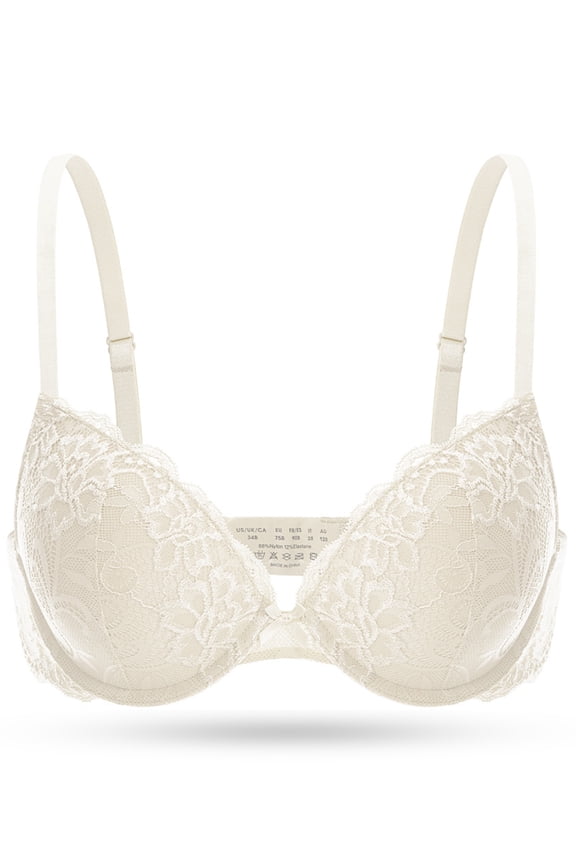 Women's Lace Push Up Padded Plunge Add Cups Underwire Lift Up Bra, Ivory 34A