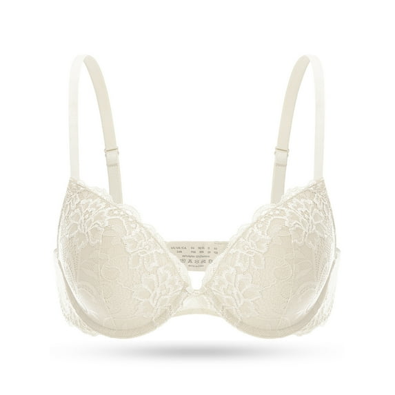 Deyllo Women's Lace Push Up Padded Plunge Add Cups Underwire Lift Up Bra, Ivory 34C