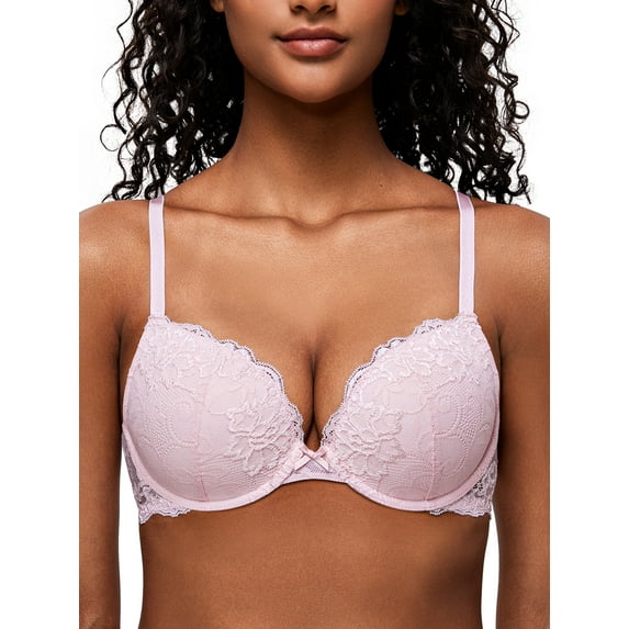 Deyllo Women's Lace Push Up Padded Plunge Add Cups Underwire Lift Up Bra,Light Pink 34A