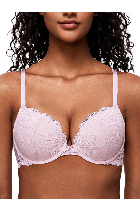 Women's Lace Push Up Padded Plunge Add Cups Underwire Lift Up Bra,Light Pink 38A