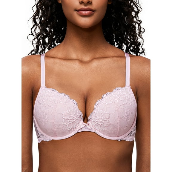 Deyllo Women's Lace Push Up Padded Plunge Add Cups Underwire Lift Up Bra,Light Pink 38C