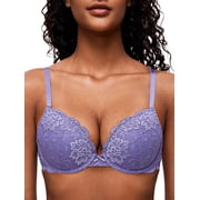 Deyllo Womens Lace Push Up Padded Plunge Add Cups Underwire Lift Up Bra,Light Purple 32DD
