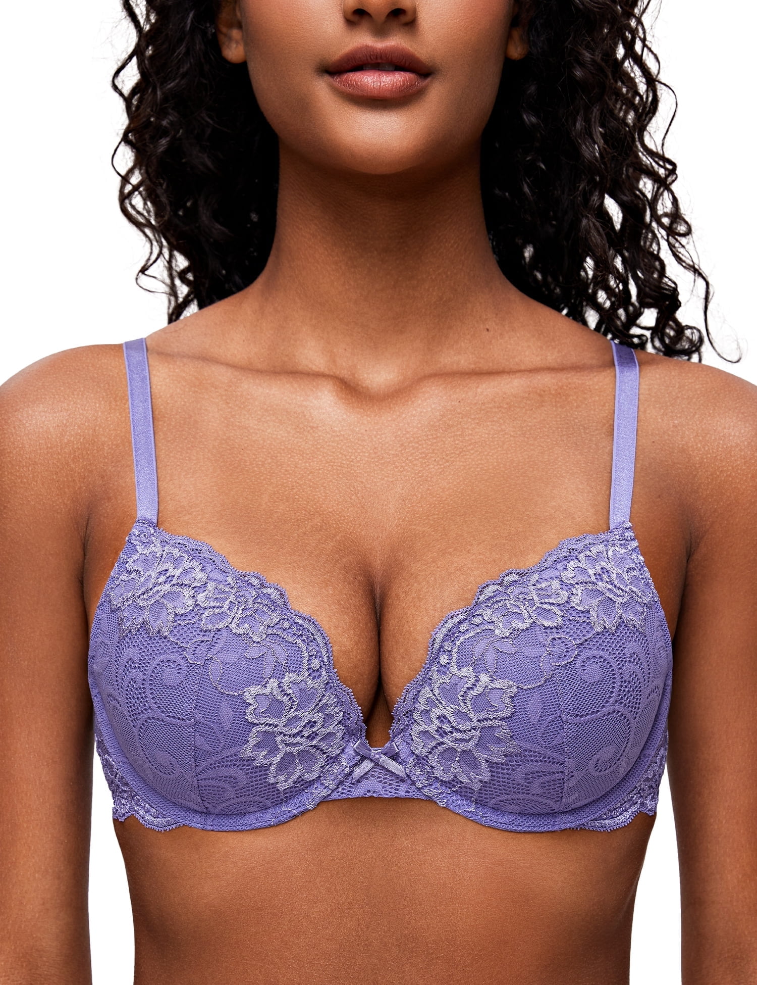 Deyllo Women's Sexy Lace Push Up Padded Plunge Add Cups Underwire Lift Up  Bra, Navy Blue 36D 