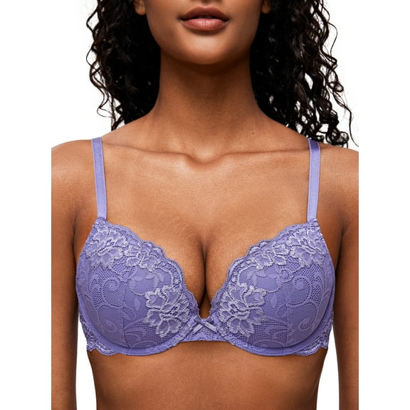 Deyllo Women's Lace Push Up Padded Plunge Add Cups Underwire Lift Up Bra,Light Purple 38C