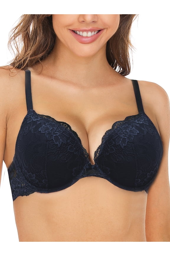 Women's Lace Push Up Padded Plunge Add Cups Underwire Lift Up Bra, Navy Blue 34DD
