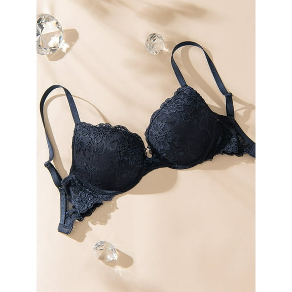 Deyllo Women's Lace Push Up Padded Plunge Add Cups Underwire Lift Up Bra, Navy Blue 38DDD