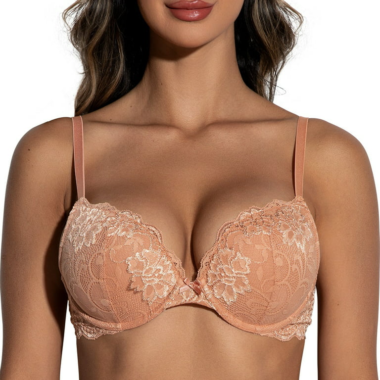 Deyllo Women’s Push Up Lace Bra Comfort Padded Underwire Bra Lift Up Add  One Cup