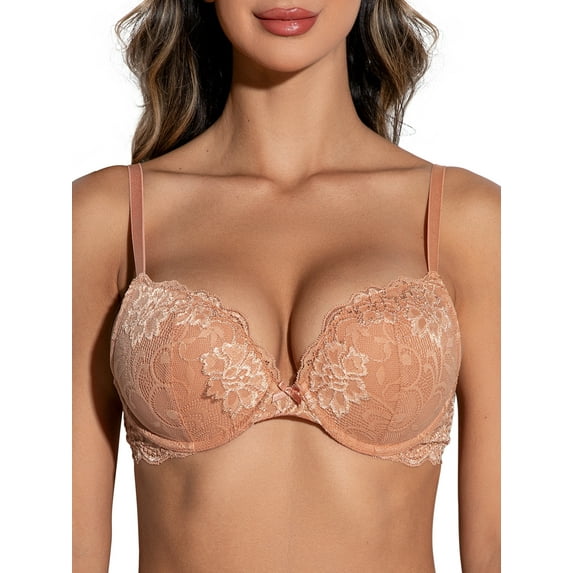 Deyllo Women's Lace Push Up Padded Plunge Add Cups Underwire Lift Up Bra, Orange 38A