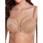Deyllo Womens Lace Push Up Padded Plunge Add Cups Underwire Lift Up Bra, Praline 32DDD